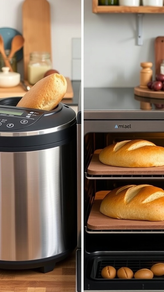 A bread machine and an oven side by side, each with freshly baked bread, highlighting the differences in baking methods.